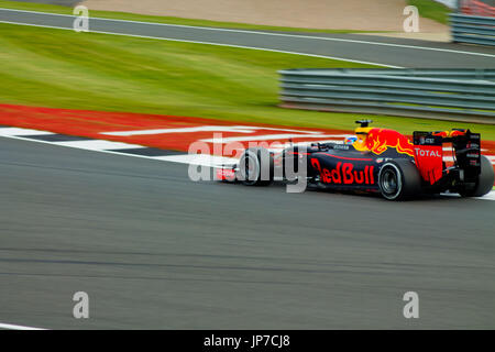 Red Bull at the the first corner of the Silverstone Grand Prix circuit during the 2016 British Formula 1 Grand Prix Stock Photo