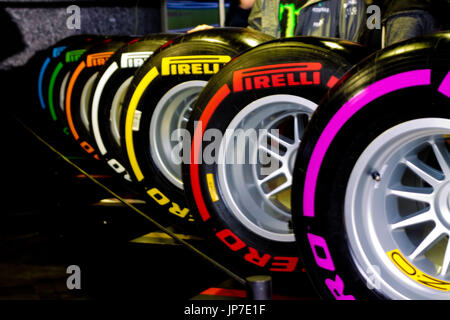 Pirelli display their tyer set for the complete 2016 Formula One season at the 2016 Formula 1 British Grand Prix Stock Photo