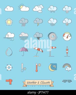Collection of 27 weather, climate and meteorology related symbols, gray outline and pastel color fill Stock Vector