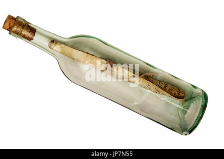 Message in a bottle from a stranded castaway. Isolated on a white background. Stock Photo