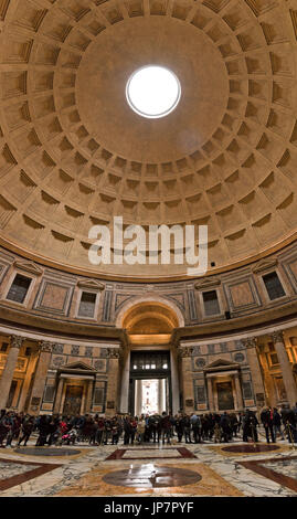 Vertical panoramic view of the circular roof inside the Pantheon in Rome. Stock Photo