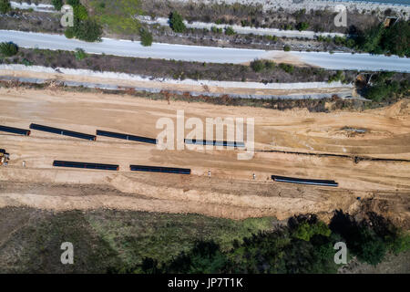 aerial view of construction of gas pipeline Trans Adriatic Pipeline - TAP in north Greece. The pipeline starts from the Caspian sea and reaches the co Stock Photo