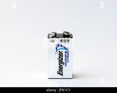 Lithium 9 volt battery used in smoke detectors, clocks, toys, cameras, audio, music equipment, etc. Stock Photo