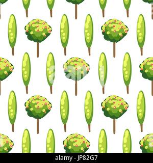 Nature seamless pattern with green apple trees and cypresses, vector illustration Stock Vector