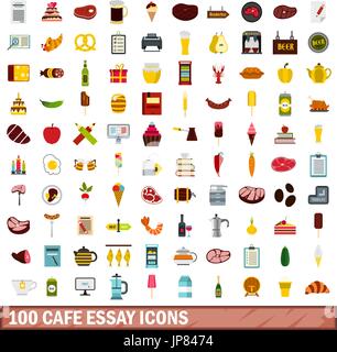 100 cafe essay icons set, flat style Stock Vector