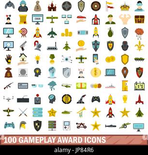100 gameplay award icons set, flat style Stock Vector