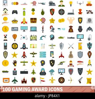 100 gaming award icons set, flat style Stock Vector