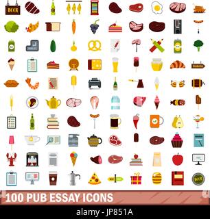 100 pub essay icons set, flat style Stock Vector