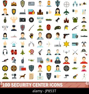 100 security center icons set, flat style Stock Vector