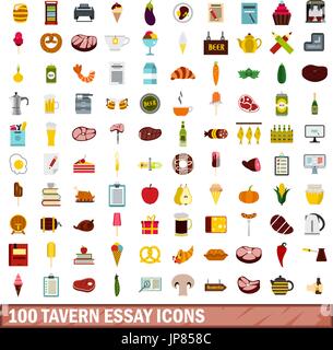 100 tavern essay icons set, flat style Stock Vector