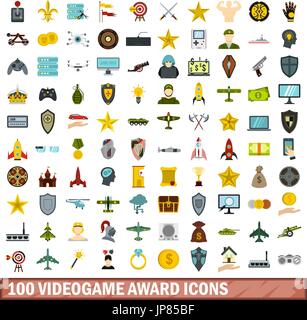 100 videogame award icons set, flat style Stock Vector