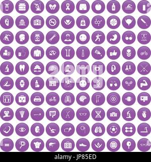 100 health icons set purple Stock Vector