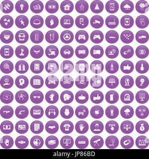 100 hi-tech icons set purple Stock Vector