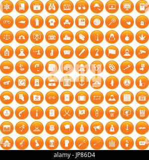 100 crime investigation icons set orange Stock Vector