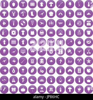 100 hobby icons set purple Stock Vector