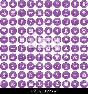 100 holidays icons set purple Stock Vector