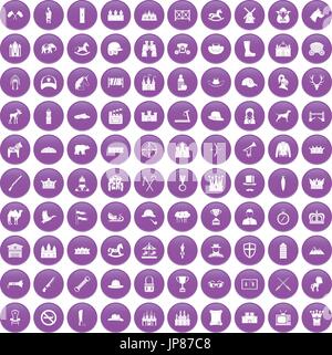 100 horsemanship icons set purple Stock Vector