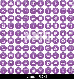 100 hotel icons set purple Stock Vector