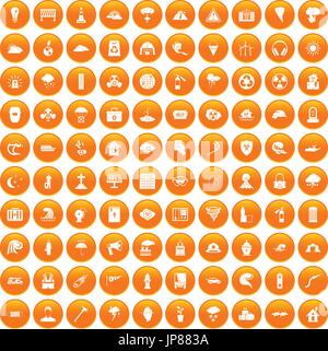100 disaster icons set orange Stock Vector
