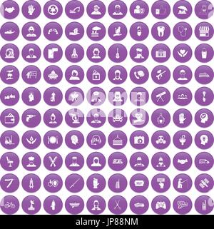 100 human resources icons set purple Stock Vector