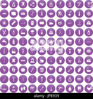 100 hygiene icons set purple Stock Vector