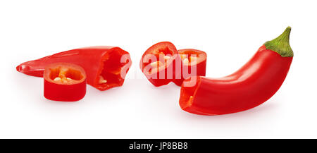 Collection of cut red chili pepper vegetables isolated on white background Stock Photo