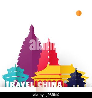 Travel China concept illustration in paper cut style, famous world landmarks of Chinese country. Includes forbidden city, heaven temple, ancient pagod Stock Vector