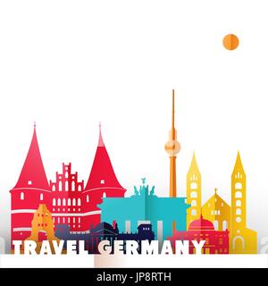 Travel Germany concept illustration in paper cut style, famous world landmarks of German country. Includes Berlin tower, Brandenburg gate, historic mo Stock Vector