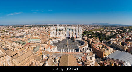 Horizontal aerial panoramic view of St Peter's Square, River Tiber and areas of Rome. Stock Photo