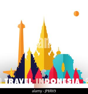 Travel Indonesia concept illustration in paper cut style, famous world landmarks of Indonesian country. Includes Jakarta monas monument, Hindu temples Stock Vector