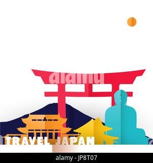 Travel Japan concept illustration in paper cut style, famous world landmarks of Japanese country. Includes Buddha statue, Mount Fuji, ancient temples. Stock Vector