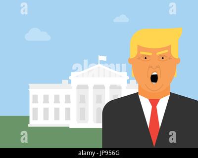 Donald Trump vector icon. Flat illustration of the President of the United States of America with the White House in the background. Stock Vector
