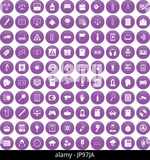 100 information icons set purple Stock Vector