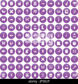 100 insects icons set purple Stock Vector