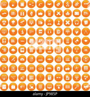 100 education technology icons set orange Stock Vector