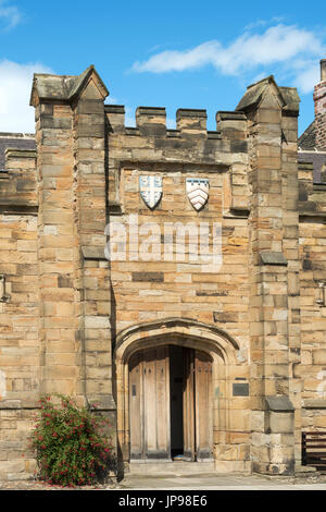 The Old Registry building now part of Durham University library with the crests of Shute Barrington Bishop of Durham, England, UK Stock Photo