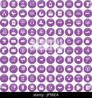 100 interaction icons set purple Stock Vector