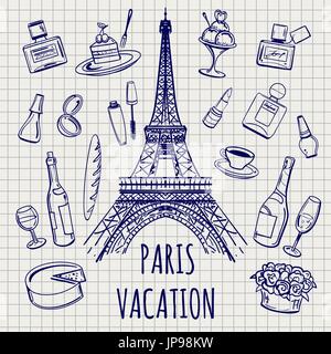 Paris or France symbols sketch on notebook background, vector illustration Stock Vector