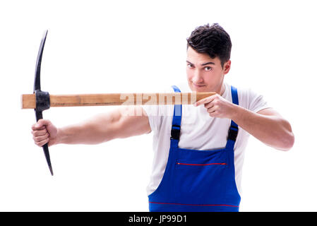 Man with a digging axe hoe on white background isolated Stock Photo