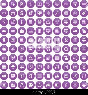 100 internet icons set purple Stock Vector