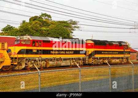 Images of 2 Panama canal railway locomotives traveling at the Port of Balboa in Panama Stock Photo