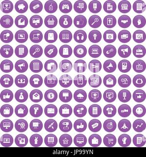 100 internet marketing icons set purple Stock Vector