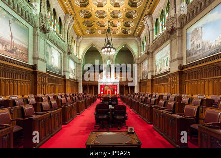 The Senate Chamber inside the East Wing of Centre Block the main building of the Canadian parliamentary complex on Parliament Hill in Ottawa, Ontario. Stock Photo