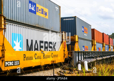 Panama canal railway container train moving cargo from Panama City to Colon Stock Photo