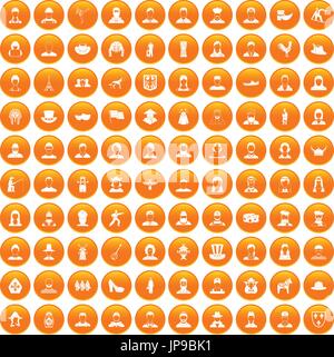 100 folk icons set orange Stock Vector
