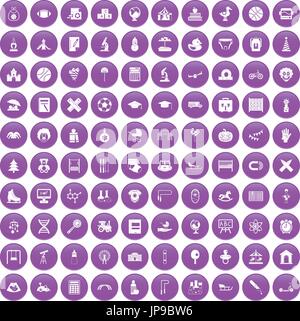 100 kids icons set purple Stock Vector