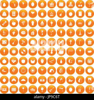 100 fruit party icons set orange Stock Vector