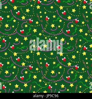 Christmas pattern with beans, balls, golden stars. Vector new year decorations seamless texture Stock Vector