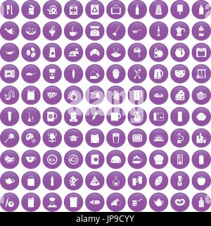 100 kitchen icons set purple Stock Vector