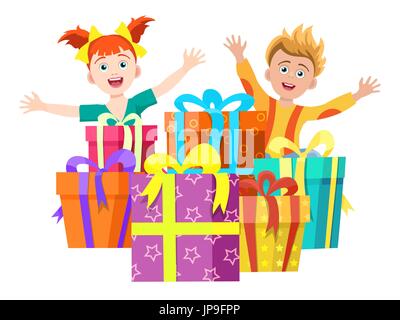 Happy kids with gifts, vector illustration. Boy and girl and gift boxes isolated on white Stock Vector